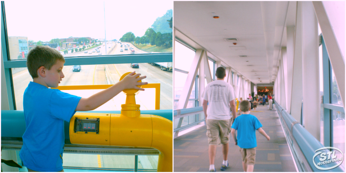 kids walking across the people bridge at the St. Louis Science Center