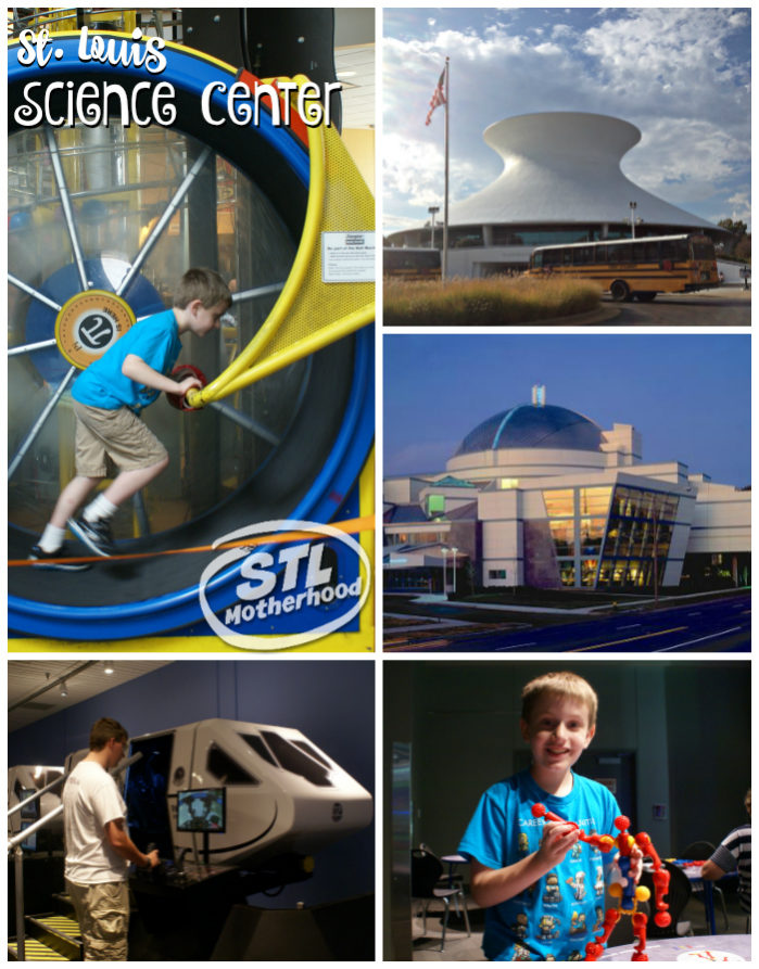 St. Louis Science Center collage: kid running on human hamster wheel, photo of the building, looking a flight simulator ride, playing with a building toy