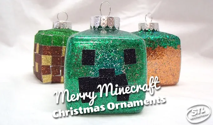 Minecraft Christmas Ornaments: cubes decorated with glitter to look like grass blocks and creeper head