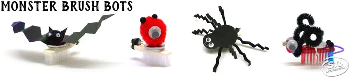 Halloween Brush Bots : bots with a bat, a one eyed monster, a spider and something with weird horns.