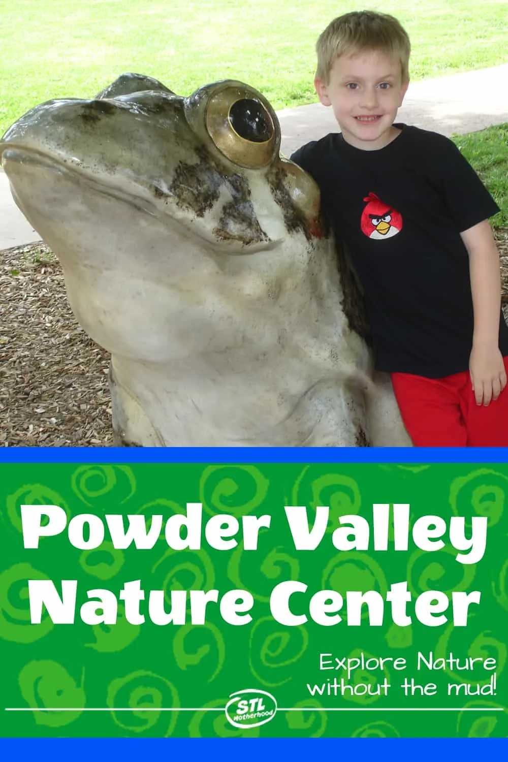 kid with frog statue at Powder Valley