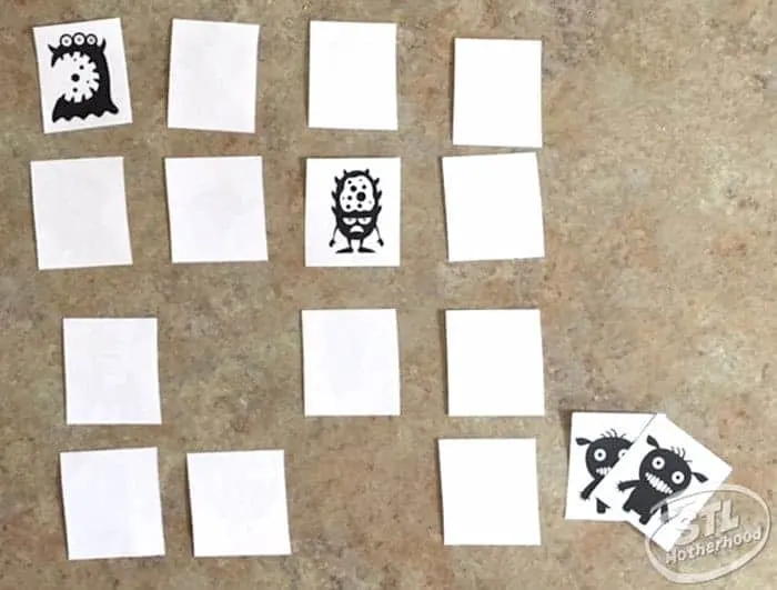 memory game card example: shows white cards with cute monsters