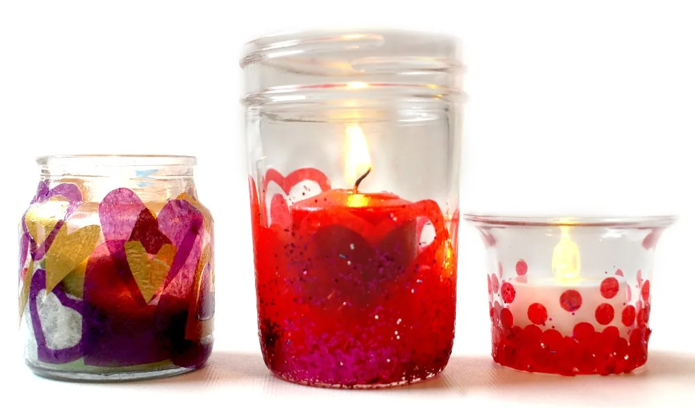 valentine candle holders with red tissue paper hearts