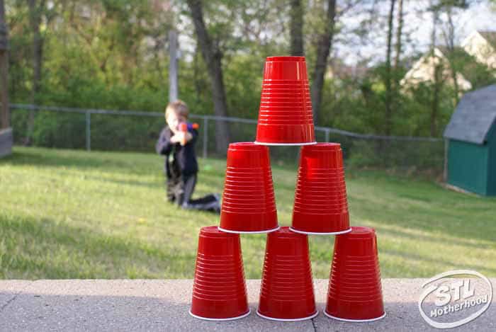 nerf shooting range made of a stack of red plastic cups