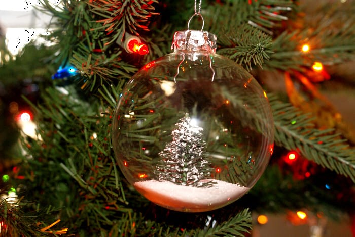 little tree in a glass Christmas globe ornament, with salt for snow on the ground