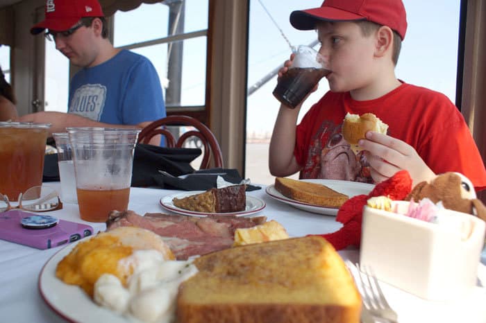 Eating brunch on a river boat cruise at the Gateway Arch