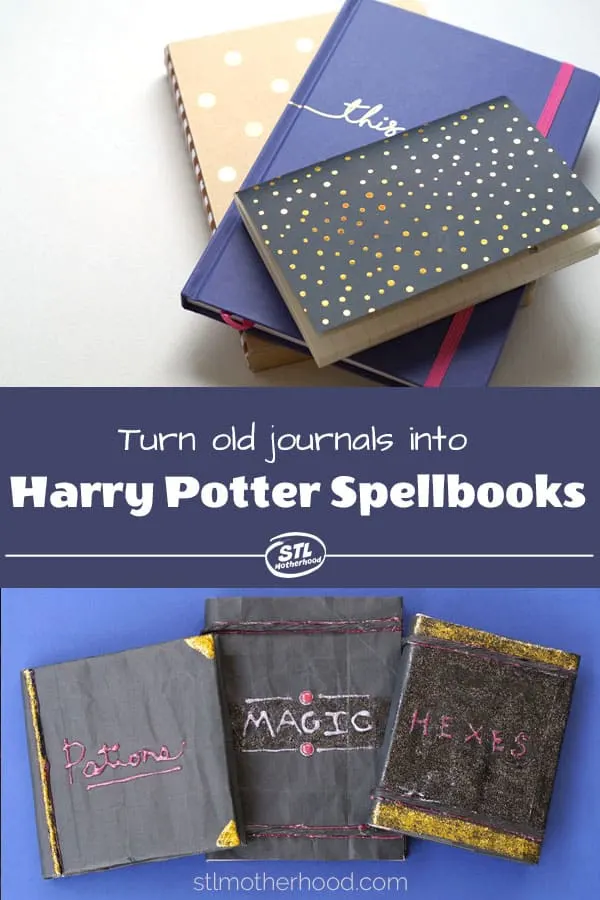 pile of journals turned into Harry Potter spell books