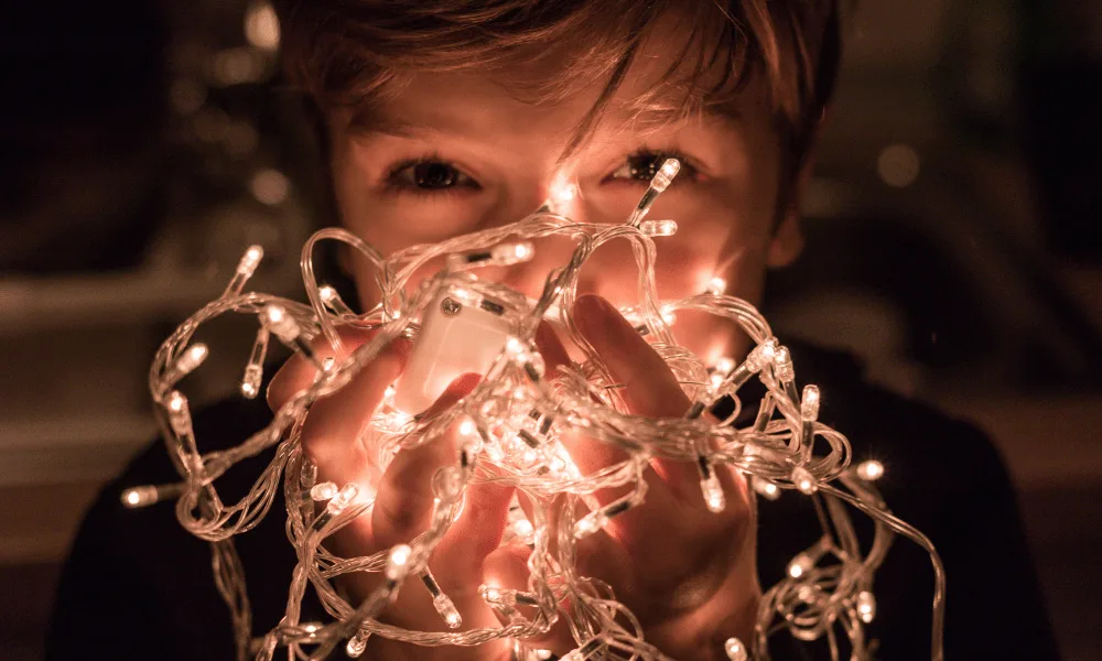 portrait of person holding twinkle lights to face