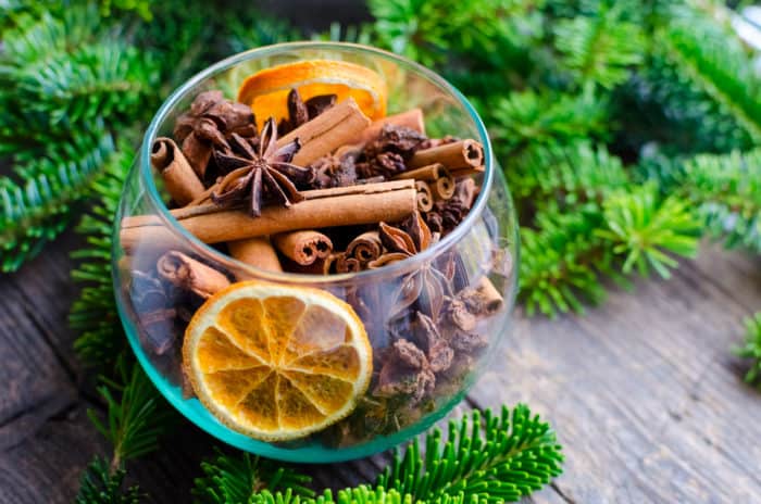 Bowl of fragrant cinnamon and dried citrus with a background of evergreens 