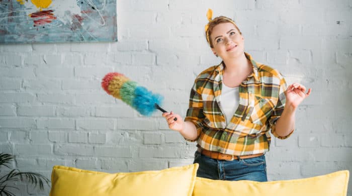 mom with feather duster