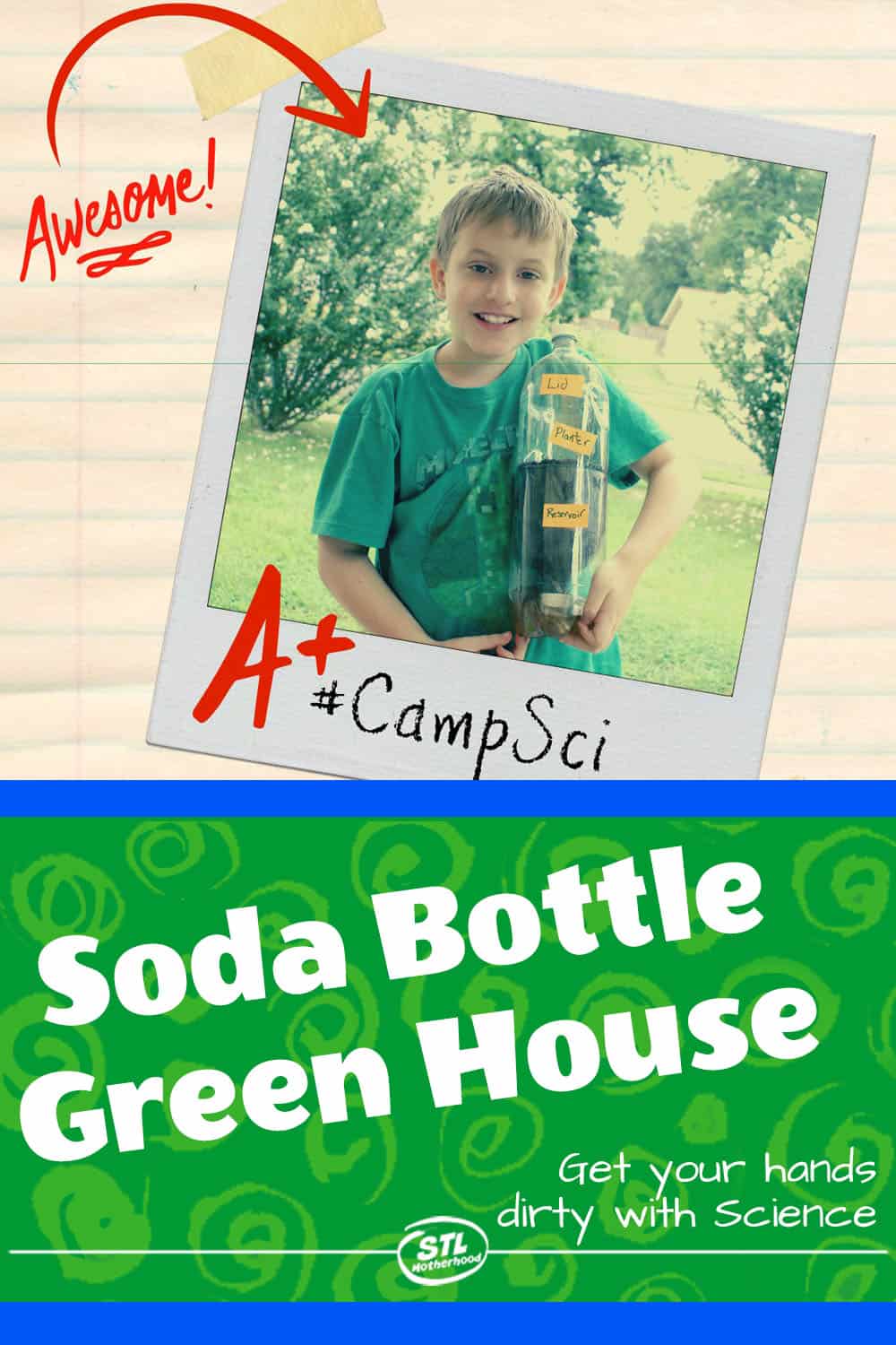 kid with green house made with soda bottles