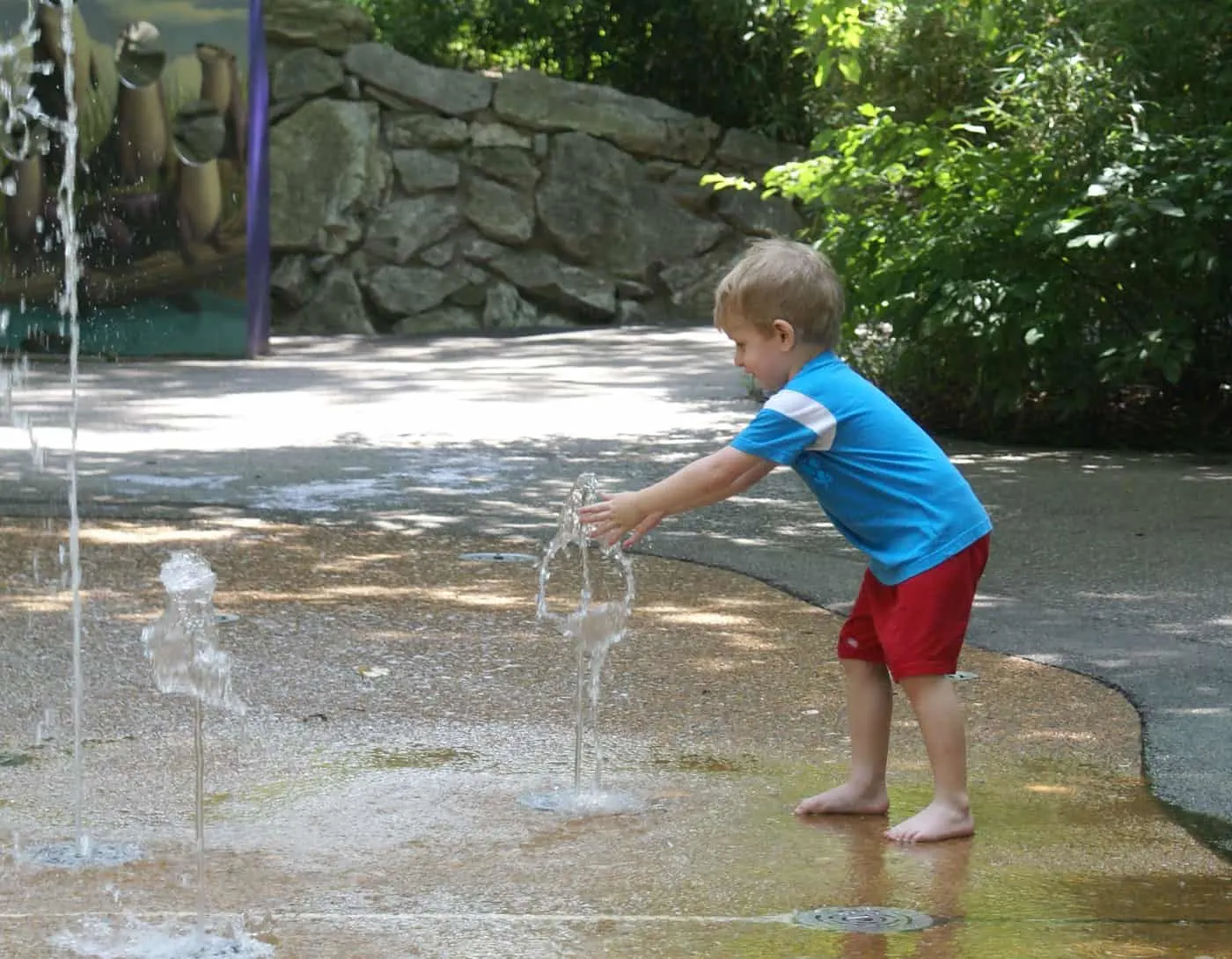 kid playing with fountain at the children's zoo in st. louis