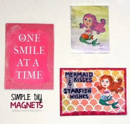 Mixed media art magnet made by coloring a mermaid rubber stampl