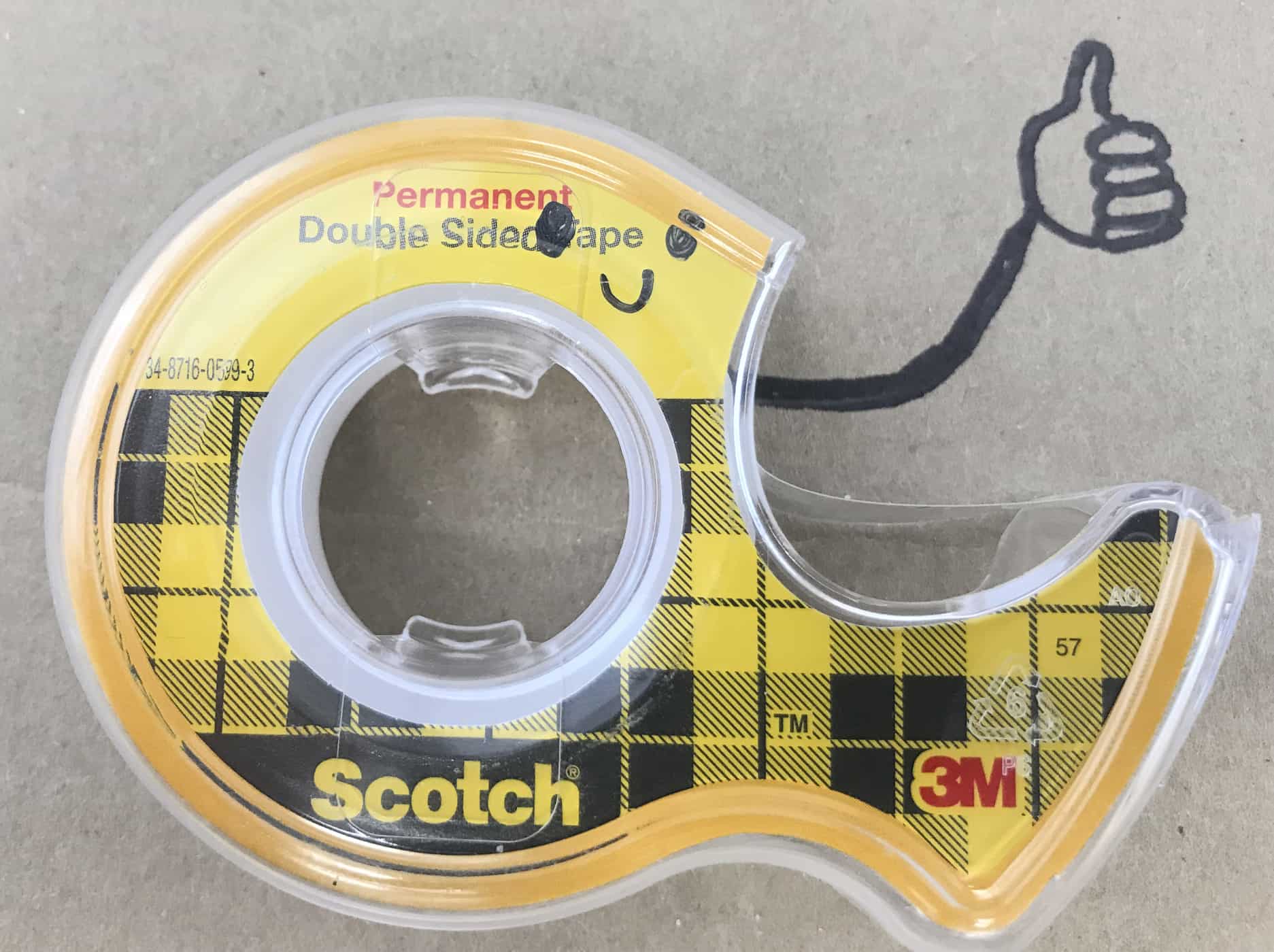 double sticky tape with silly face, holding a thumbs up