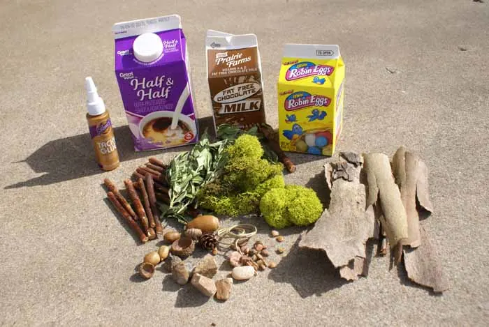 fairy house supplies - dairy cartons, glue, sticks, moss, rocks and bark