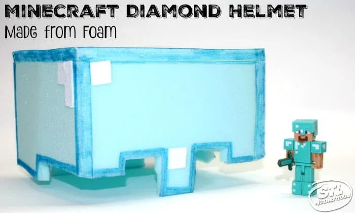 Minecraft helmet crafted from blue foam next to Minecraft Steve action figure.