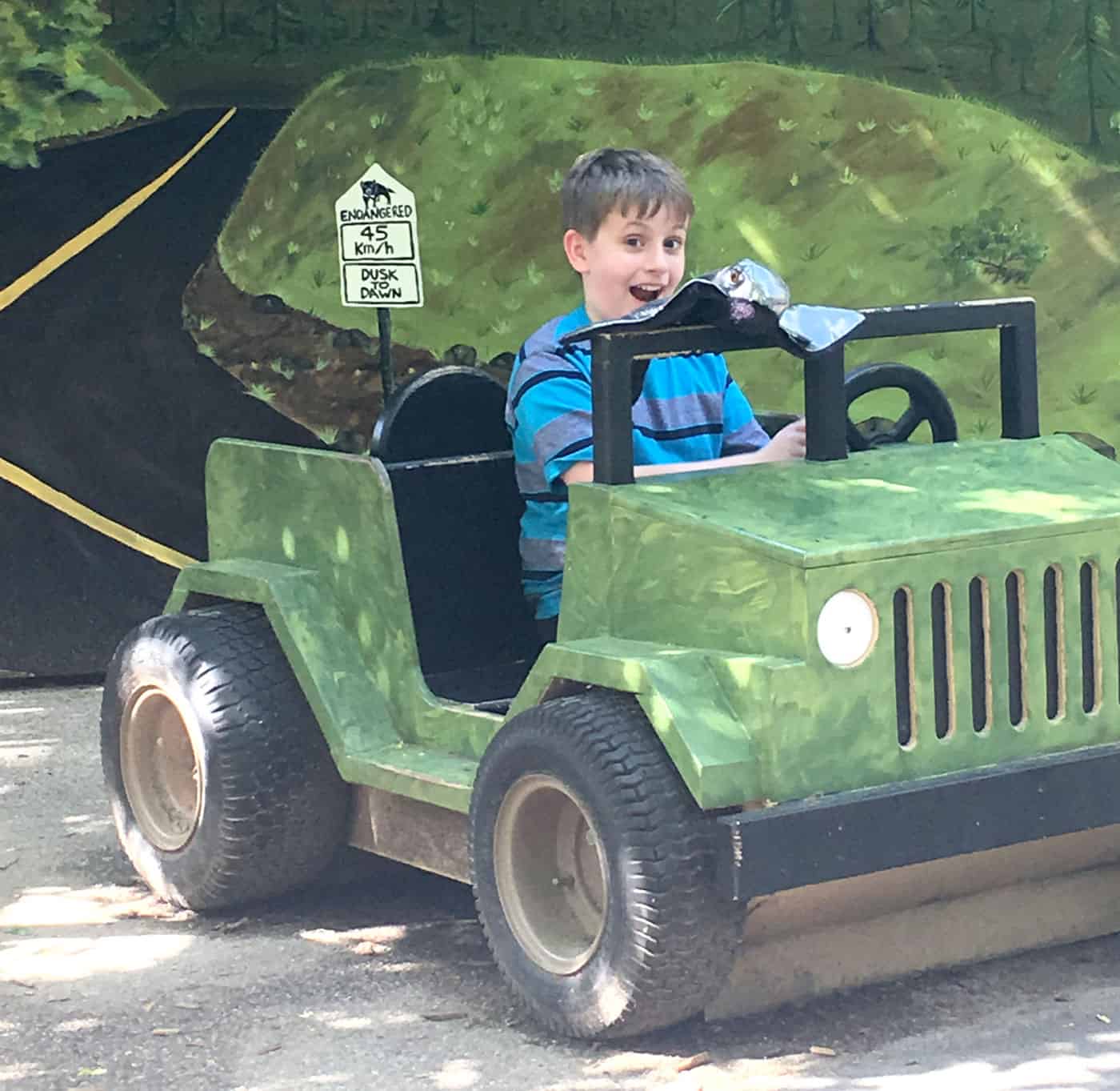 kid at the zoo in a play jeep