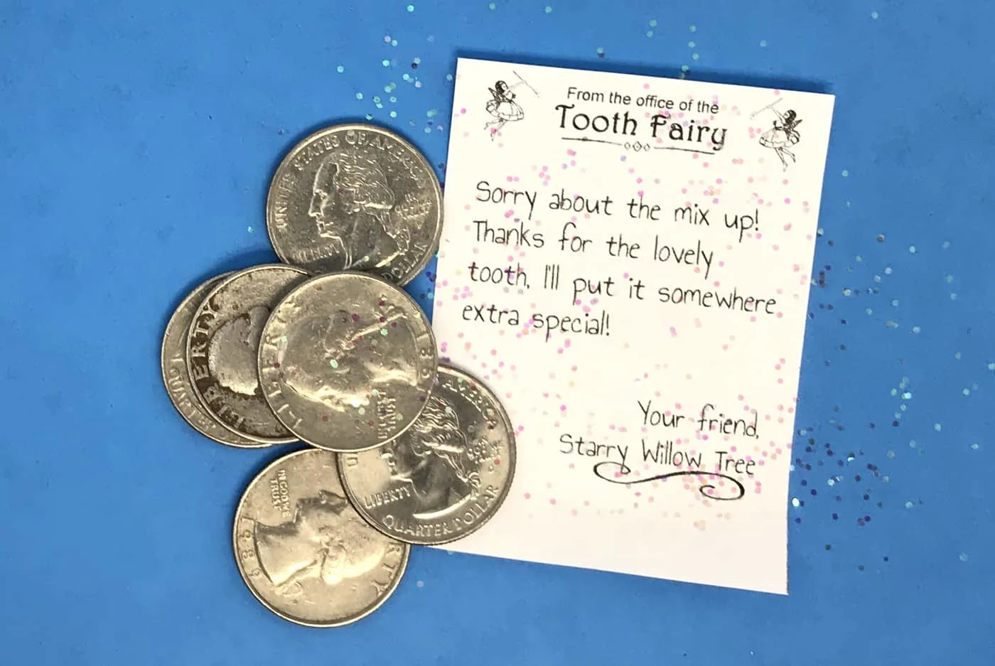 apology letter from the tooth fairy with glitter and quarters