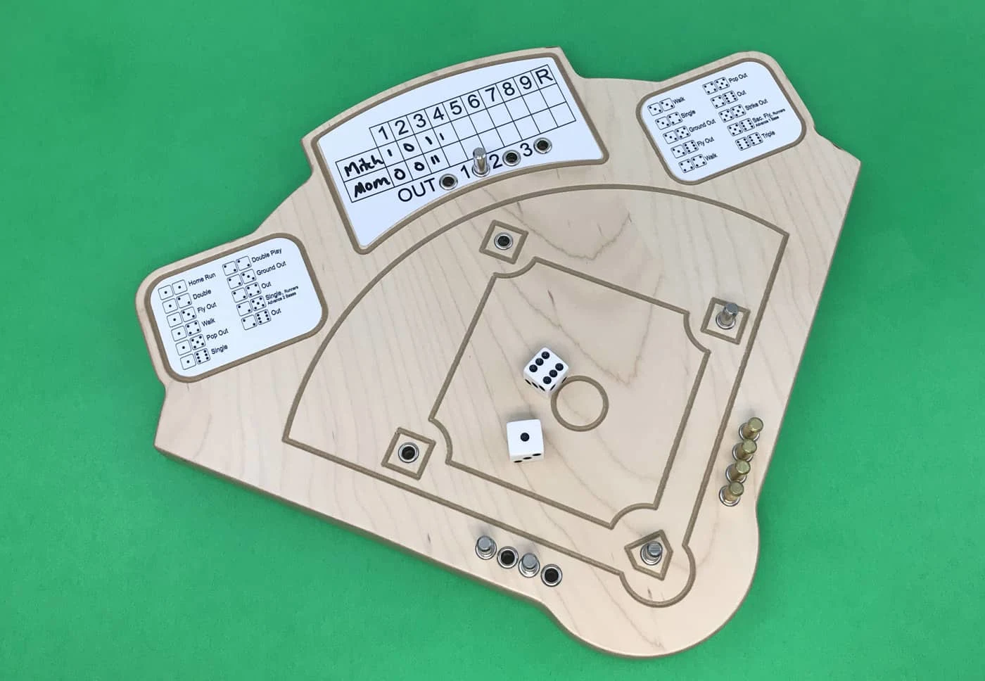 Across the Board baseball dice game with a wooden board