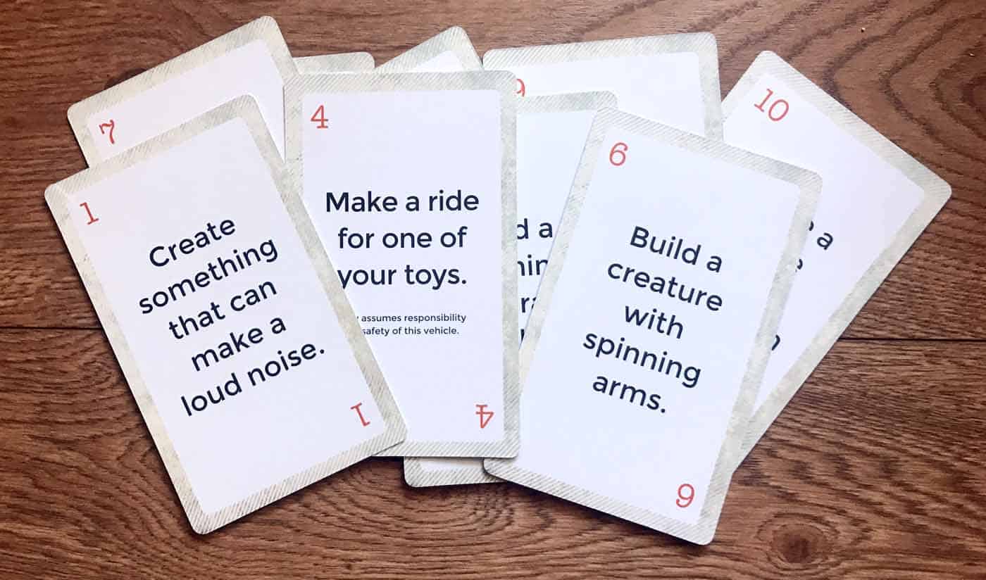 Tinkering Kit challenge cards, 1 to 10. Things like create something that can make noise or build a creature with spinning arms