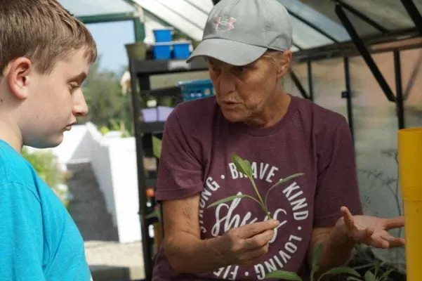 Adult volunteer showing a student a sprig of sage in the school's garden