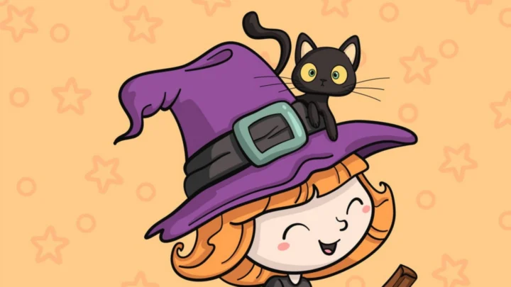 cute witch with cat coloring page
