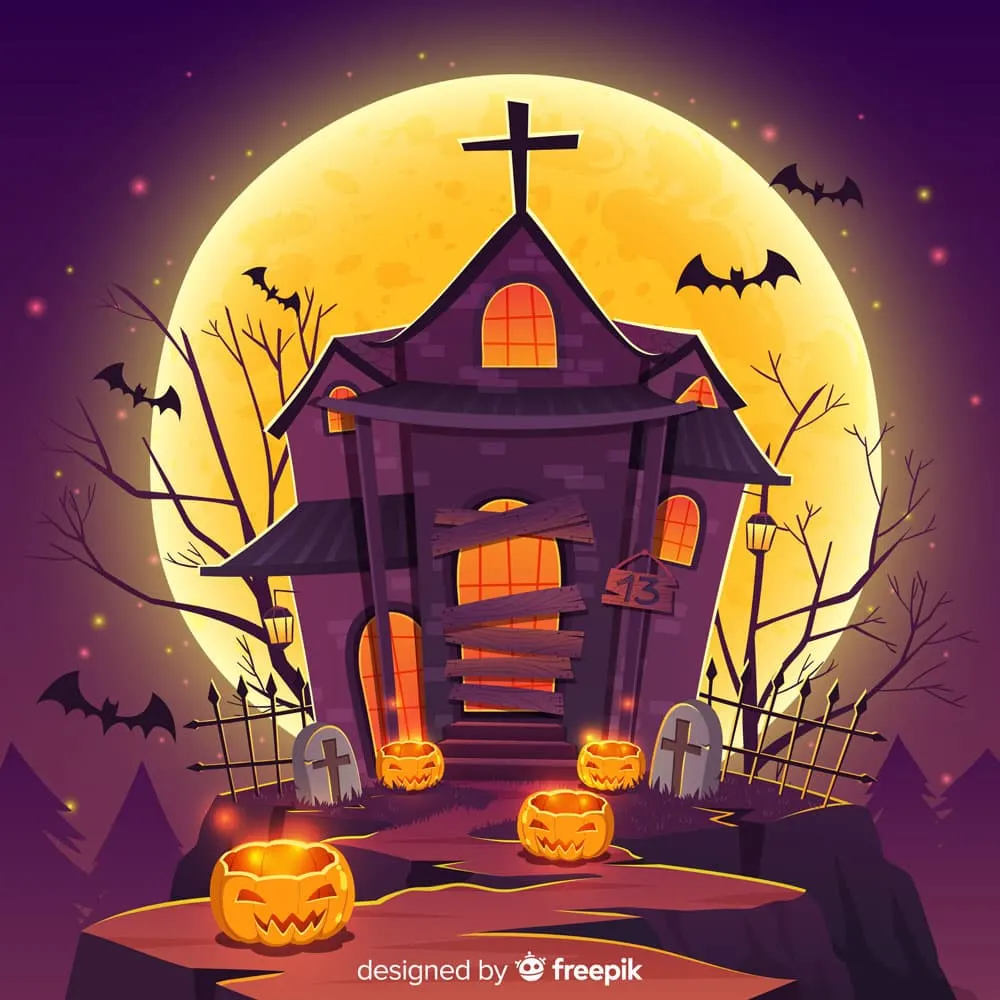 Haunted house with moon in the background coloring sheet