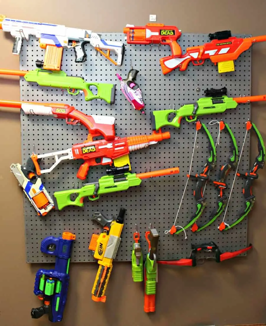 nerf guns on a wall