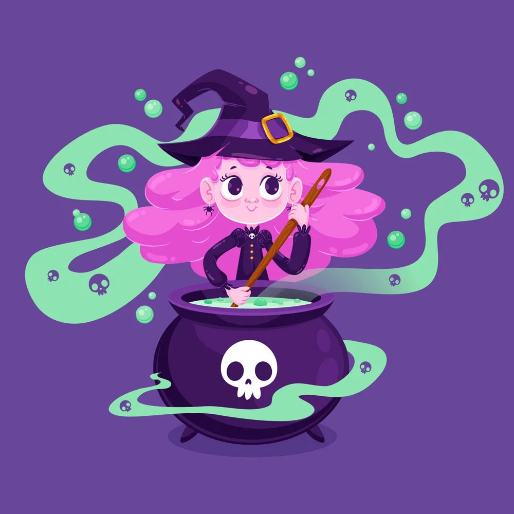 Cute Halloween witch with caldron 