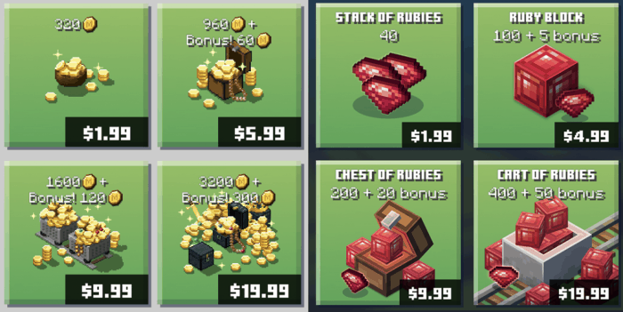 Minecraft Earth in game currency: Minecoins and Rubies