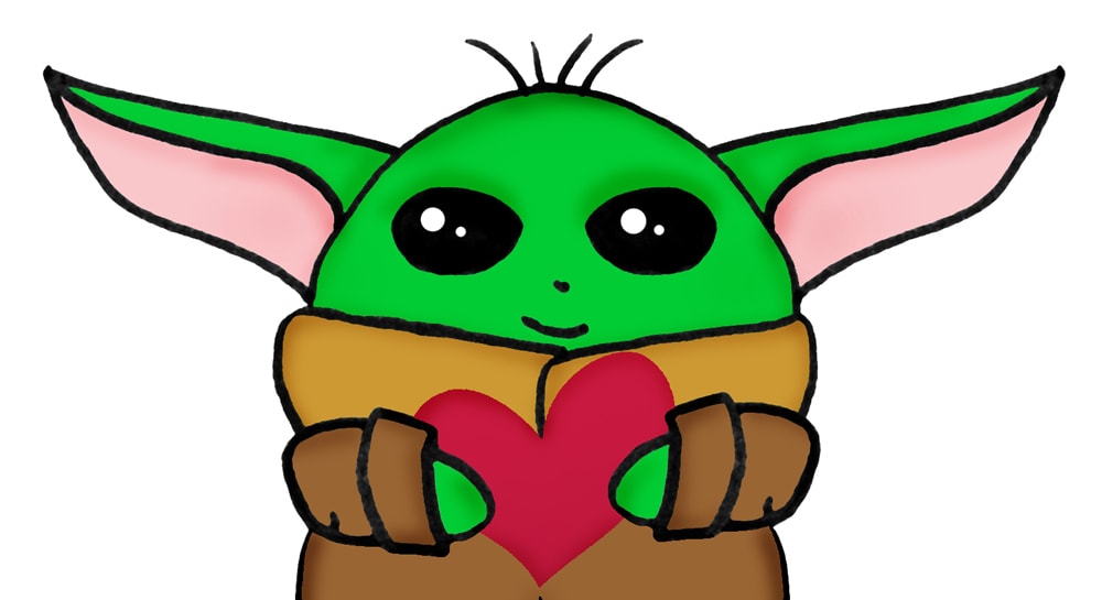 first try at baby yoda for valentines, hand drawn holding a heart