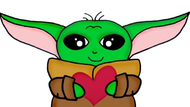 baby yoda holding a heart for Valentine's day