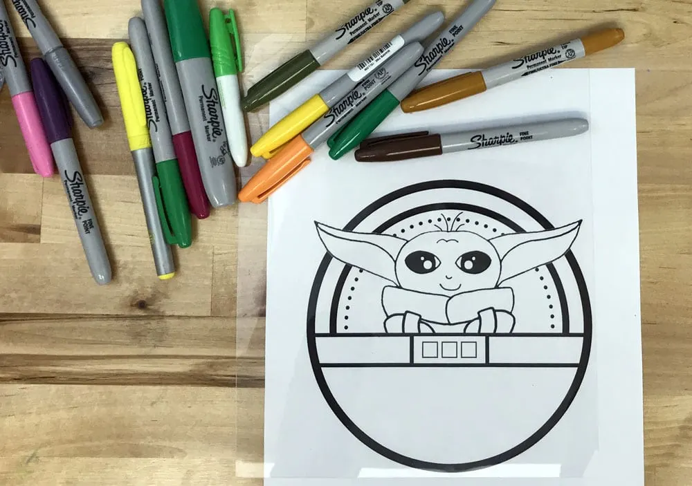 flat lay of markers and baby Yoda traceable pattern