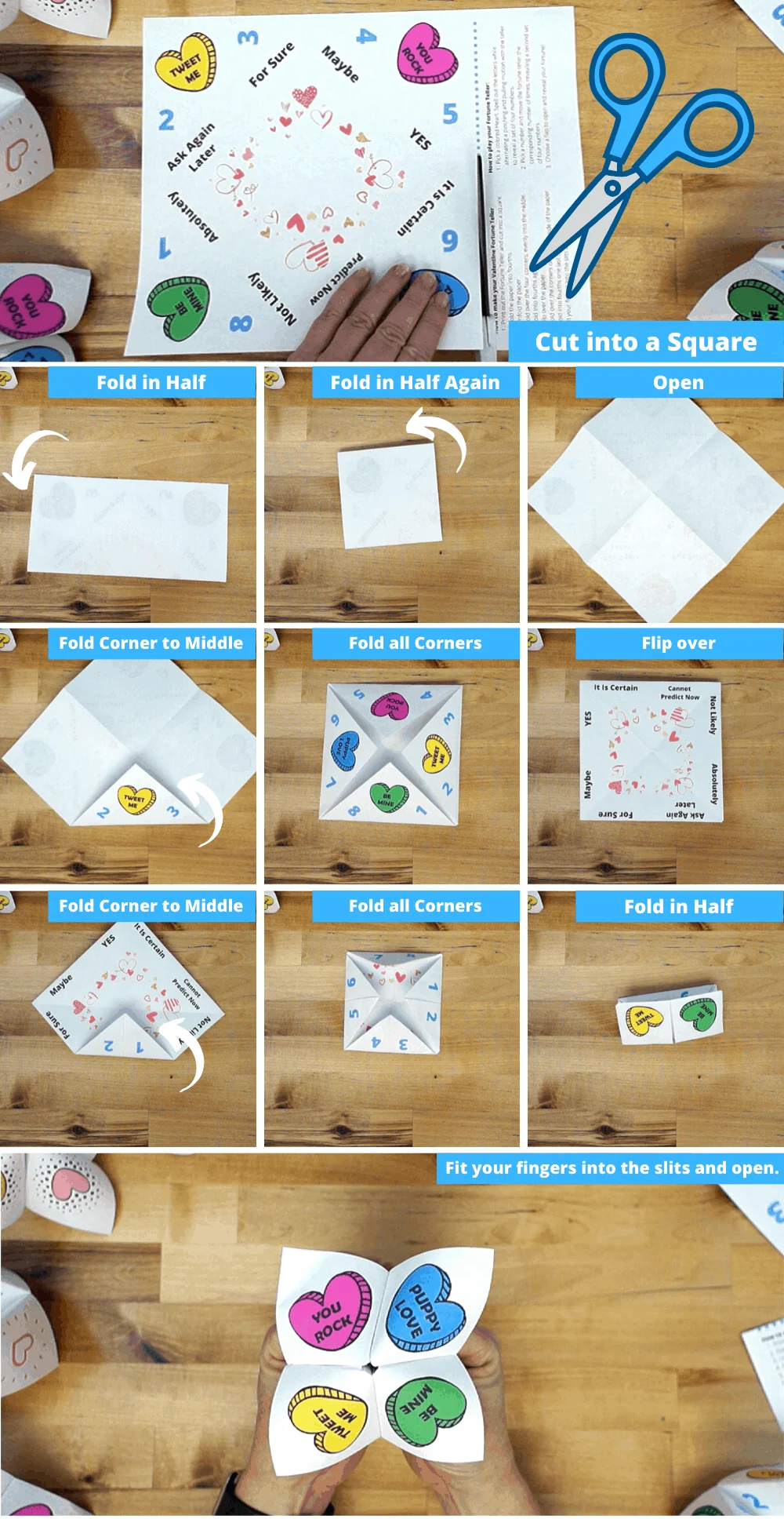 step by step visual guide to folding a paper fortune teller