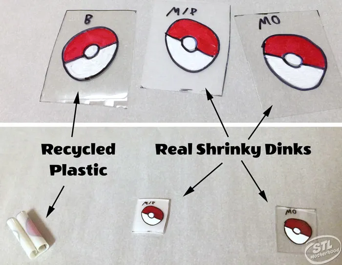 before and after photos of shrinky dinks made with recycled plastic and store bought material
