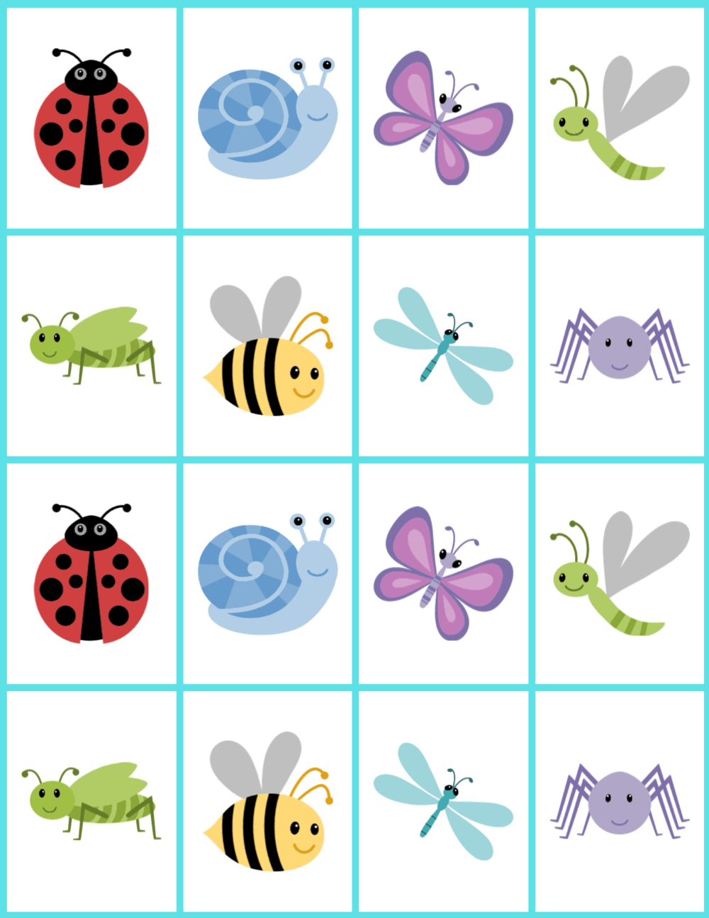 Cute color bugs for a memory matching game.