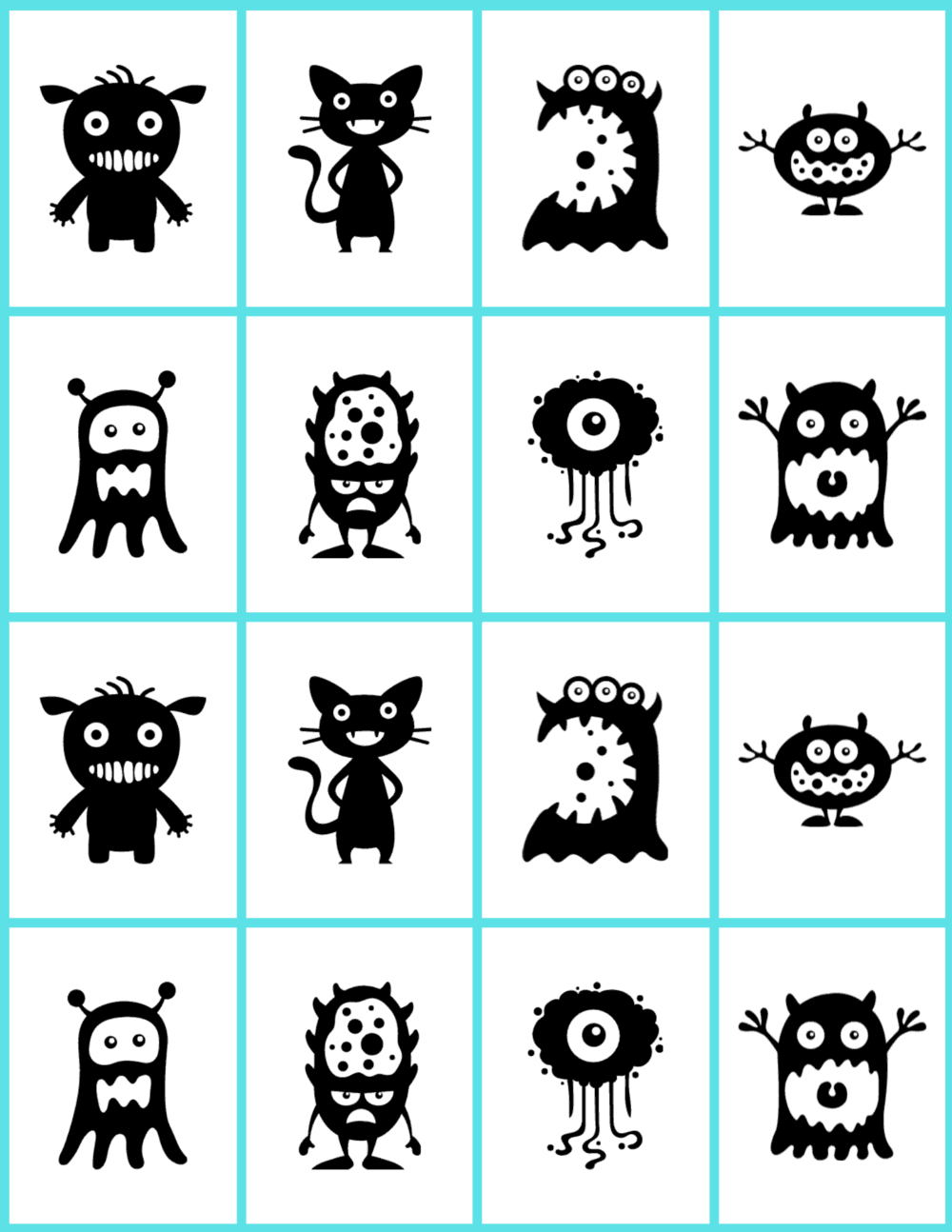 black and white silly monsters on cards for a memory matching game.