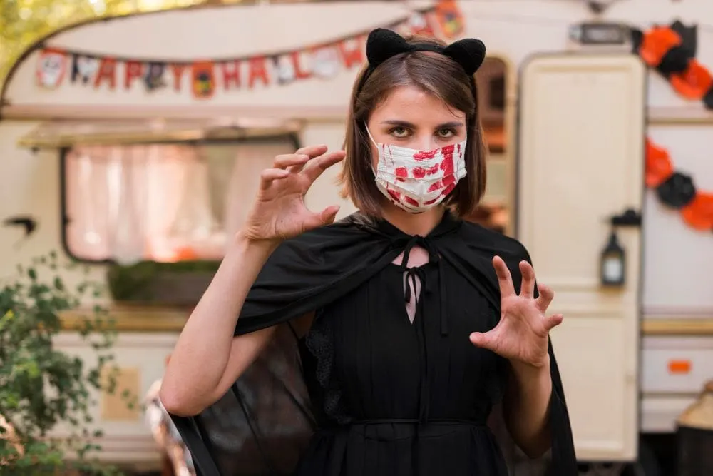 woman in Halloween medical mask that protects from germs