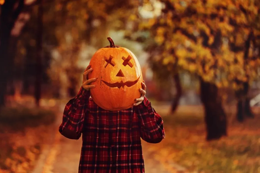 boy with pumpkin in front of face