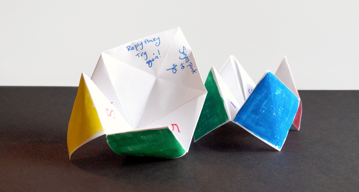 fortune tellers made with fold paper and colored with magic marker