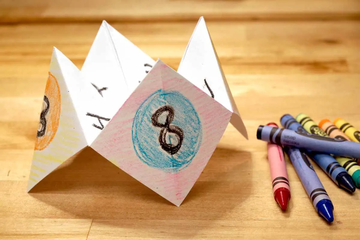 paper fortune teller with crayon decorations