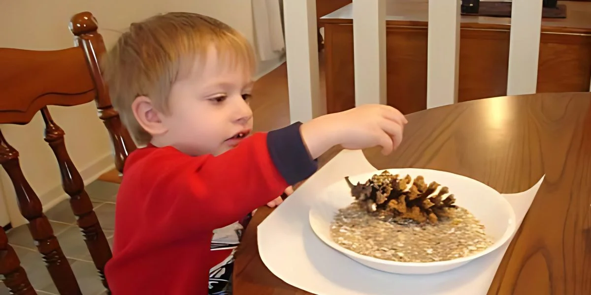 kid putting birdseed on pine cone